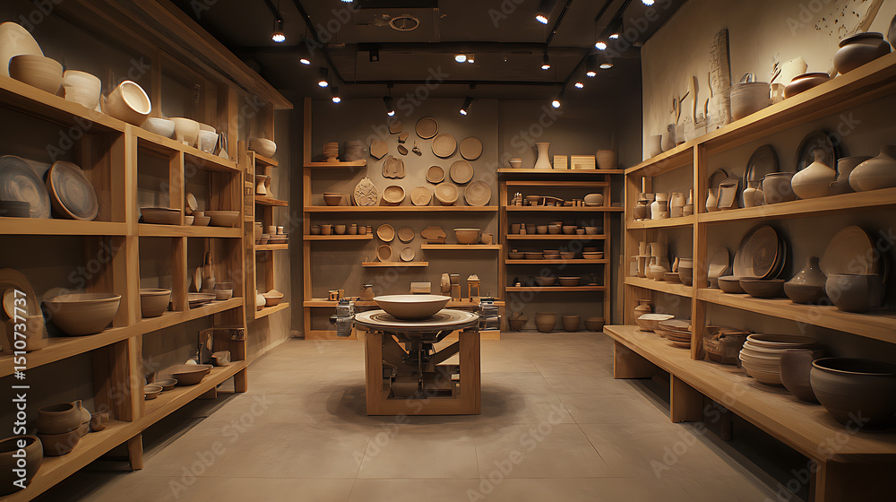 Obraz premium Elegant Ceramic Store Display with Wooden Shelves and Warm Lighting