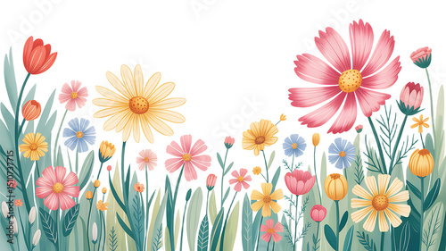 Vibrant Spring Meadow Flowers Blossom with Delicate Petals and Lush Greenery against a Transparent Background