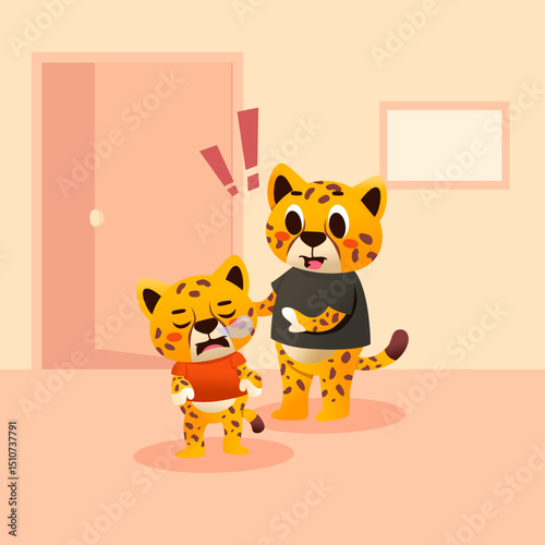 cute cheetah cub vector cartoon experiencing sleepwalking and cheetah father who is surprised by his cub's condition