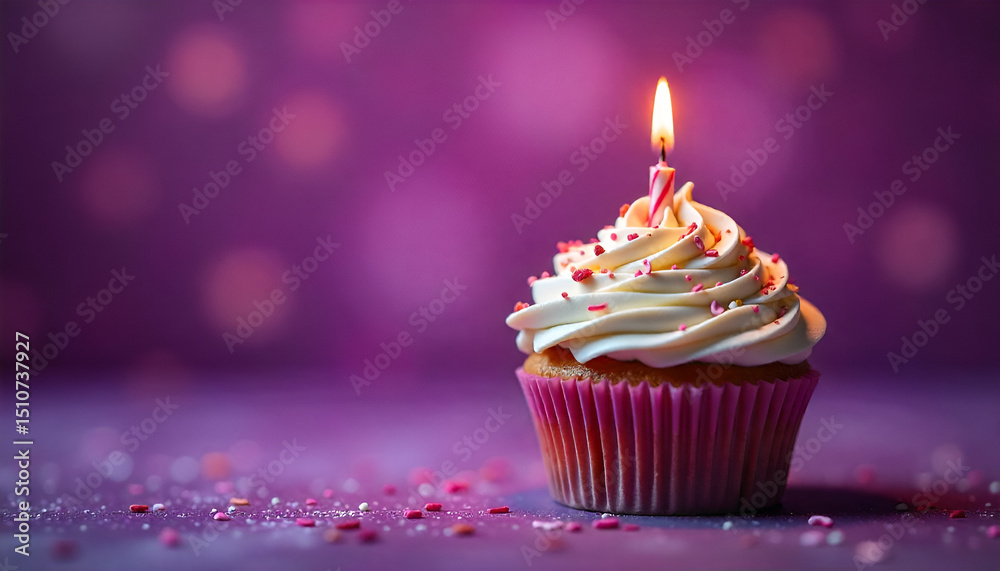 A festive cupcake with a lit candle and A festive cupcake with a lit candle and