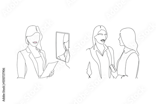 Modern businesswomen engaged in discussion and presentation illustrated in continuous line art