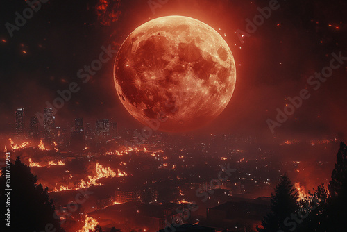 A red moon hanging over a city affected by distant wildfires