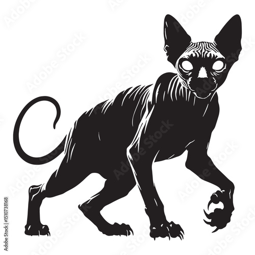 Minimal hairless cat silhouette with piercing gaze shape – hairless cat silhouette – hairless cat vector illustration – silhouette of hairless cat

