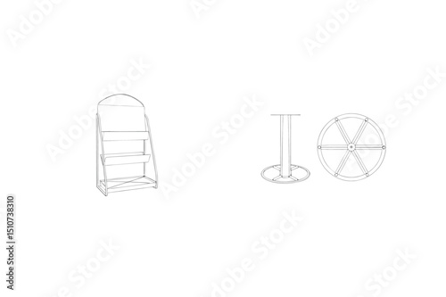 Detailed hand drawn illustration of a display rack and circular table base elements