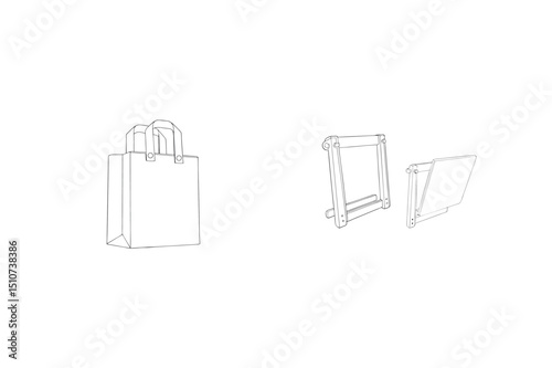 Detailed line art illustration of a shopping bag and a disassembled wooden frame.