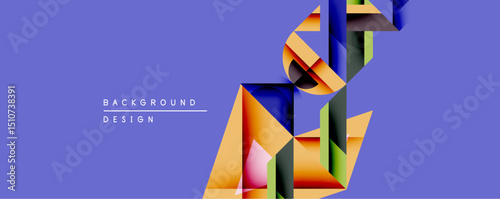 Abstract geometric composition. Overlapping ribbons create dynamic visual effect. Purple backdrop emphasizes vibrant orange, green, pink elements. Modern design suitable for backgrounds.