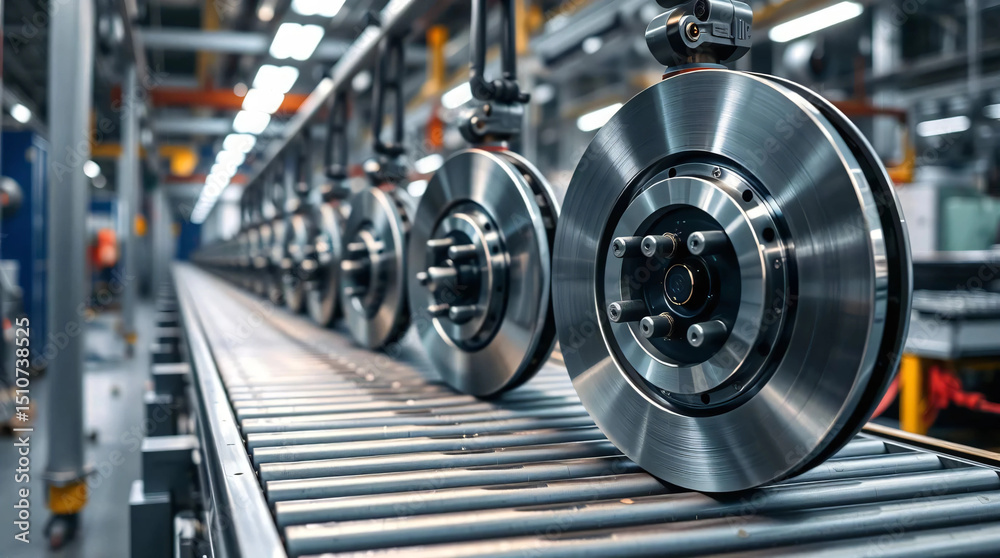 Fototapeta premium Car brake production on factory conveyor belt