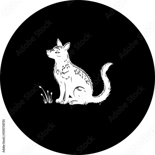 Monochromatic canine silhouette encircled in dark void, representing a simple design