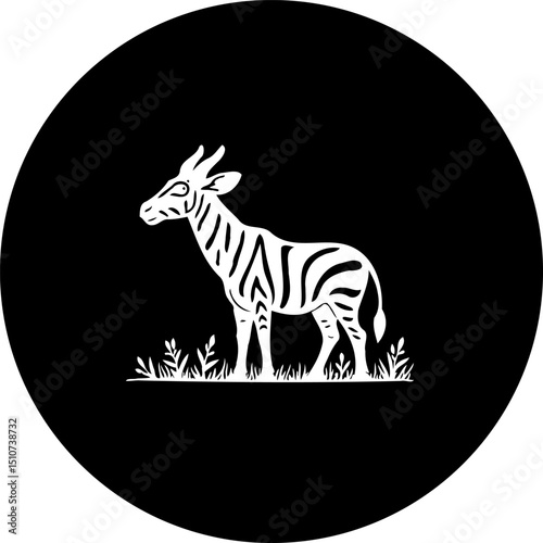 Zebra silhouette art within a circular frame against a plain background