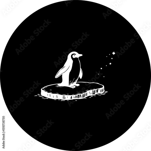 Penguin solitude: Graphic illustration of a bird on an ice floe under starfall