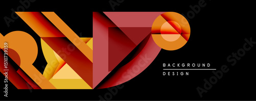Abstract geometric composition. Warm color palette dominates, featuring shades orange, red, yellow. Overlapping shapes create depth, dynamic visual effect against black backdrop. Modern design element