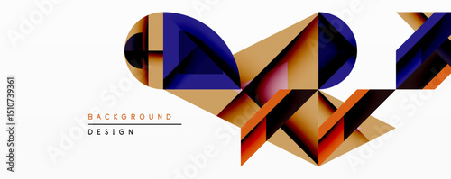 Abstract geometric design features overlapping shapes. Gold, navy, burnt orange hues create dynamic composition. Modern style suitable for backgrounds, textures, patterns.