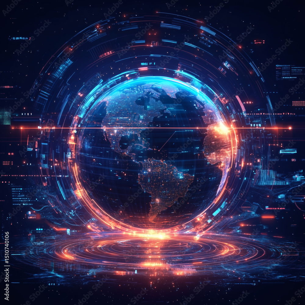 Obraz premium Futuristic Digital Earth Globe with Cyberpunk Elements and Data Overlay