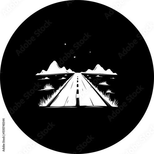 Stylized journey: monochromatic road illustration with celestial mountains
