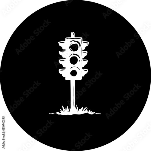Stylized traffic signal illustration against a stark black circular backdrop