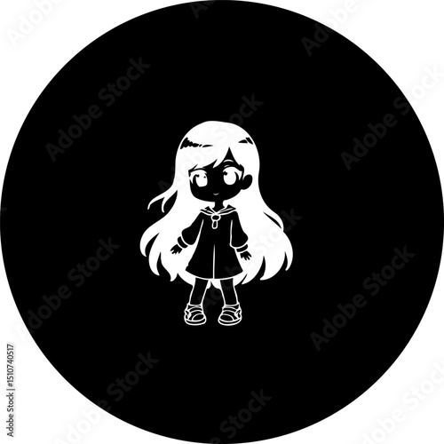 A minimalist black and white illustration of a charming chibi girl figure