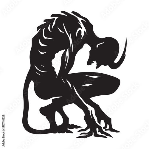 Stylized shadowed hunched demon silhouette with sharp features – hunched demon silhouette – hunched demon vector illustration – silhouette of hunched demon

