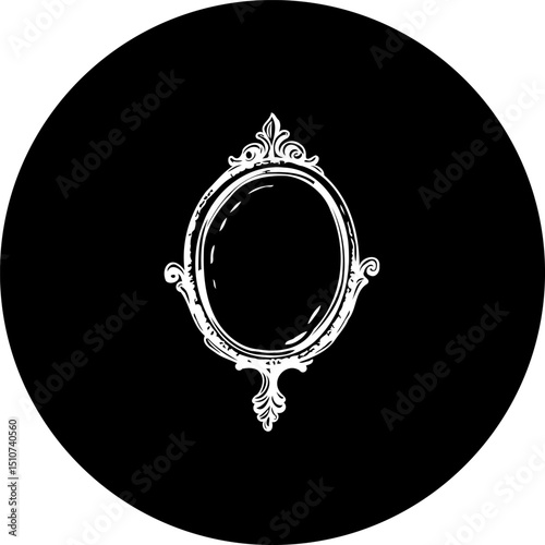 Elegantly framed mirror illustration against a stark black circular backdrop