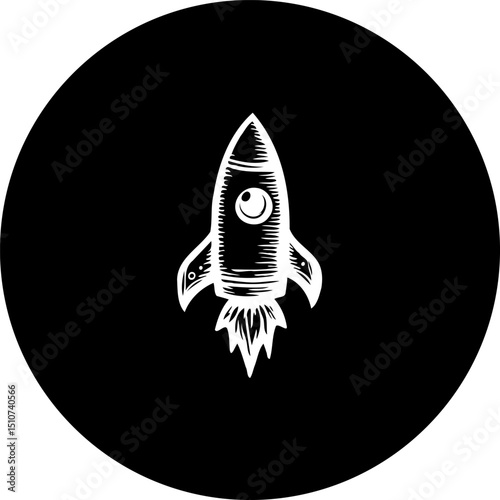 Stylized rocket launch within a circular frame symbolizing innovative progress