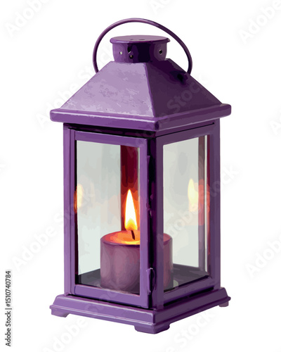 Purple metal lantern with lit candle