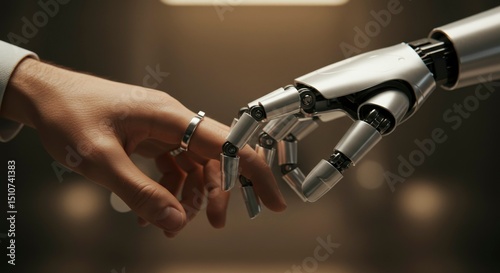 A human hand gently interlaces fingers with a robotic hand, symbolizing a futuristic connection between humanity and artificial intelligence