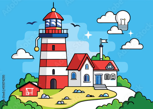 Coastal lighthouse house scene illustration transparent background