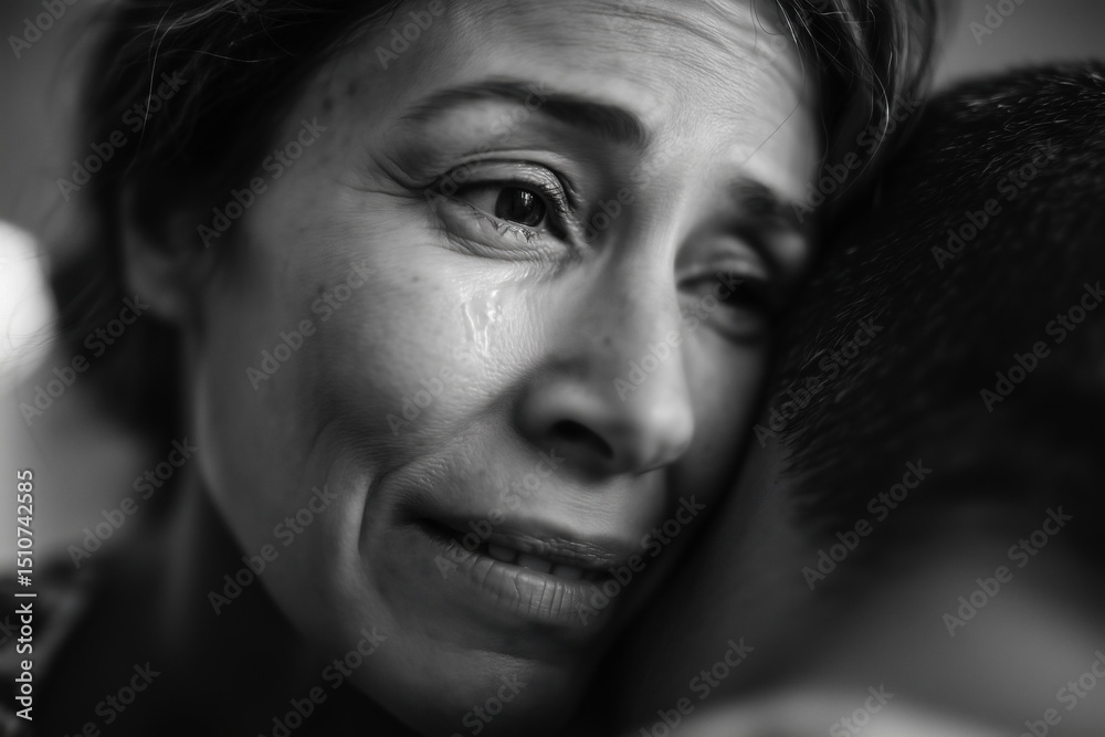 Fototapeta premium A poignant monochrome portrait capturing the raw emotion of sadness and solace. A woman's tears are gently embraced, symbolizing comfort and shared grief.