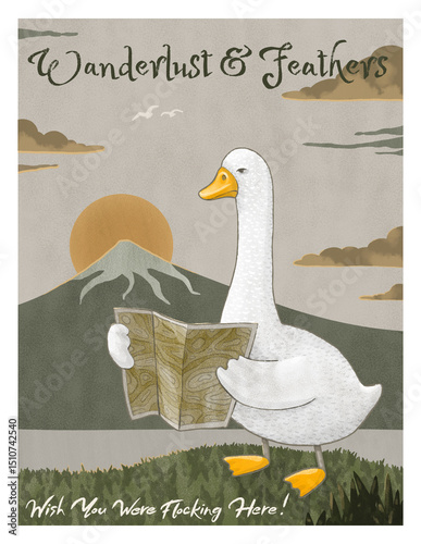 Funny goose postcard at Mount Fuji with travel pun, cartoon bird holding map, wanderlust greeting design
