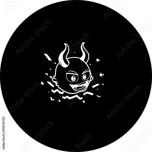 Stylized Devil Face Illustration in Black and White Circular Composition