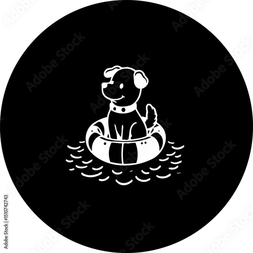 Playful puppy floating happily in inner tube within a dark circular backdrop