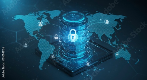 A digital world map showing global data security, emphasizing secure connections & data protection
