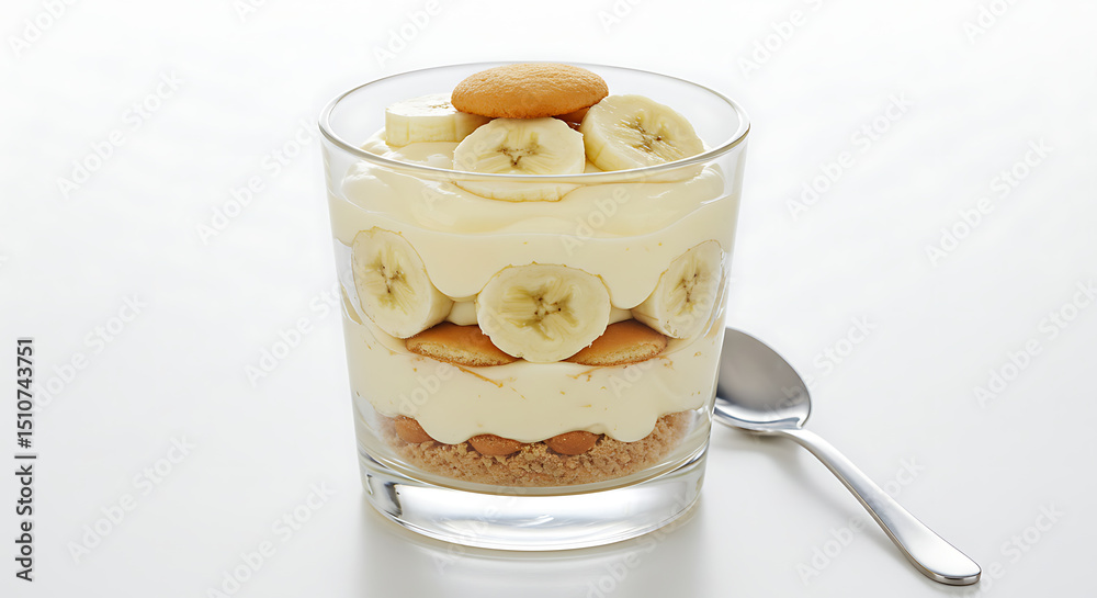 custom made wallpaper toronto digitalBanana pudding in a clear glass cup with layers of vanilla pudding, banana slices, and wafers, placed on white surface with small spoon, isolated on white background, soft lighting