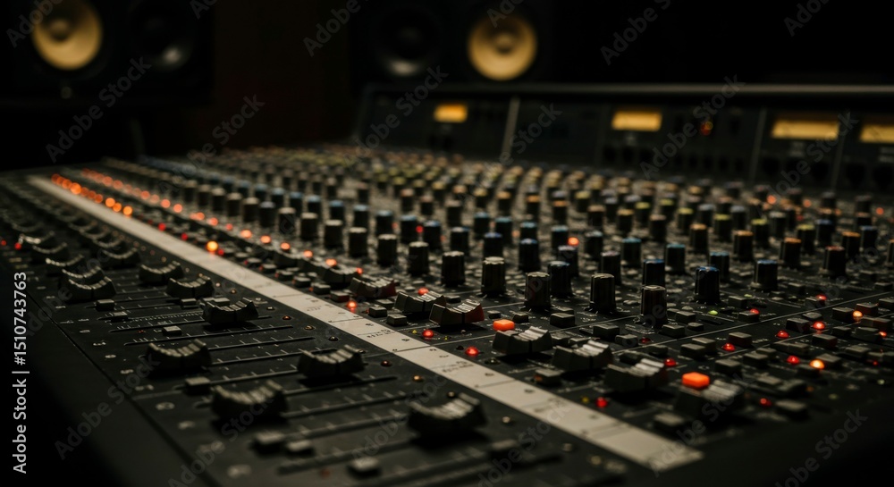 Professional audio mixing console with numerous knobs, faders, and indicators, suggesting a high-end recording studio Professional audio mixing console with numerous knobs, faders, and indicators, suggesting a high-end recording studio