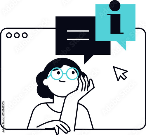 Cartoon woman thinking about information online website blog article search engine optimization tips guide advice vector art illustration