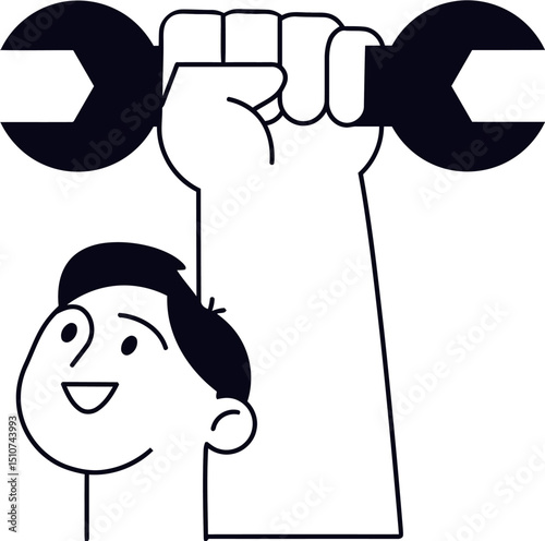 Cartoon illustration of man with raised fist holding wrench for labor day or worker rights icon vector art illustration