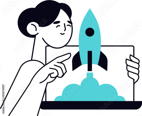 Illustration of a person pointing at rocket launch for startup business and technology concept art design vector art illustration