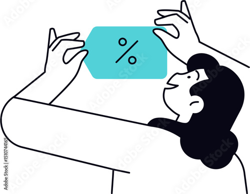 Woman holding discount coupon showing percentage sign for sale promotion and special offer marketing 100 vector art illustration