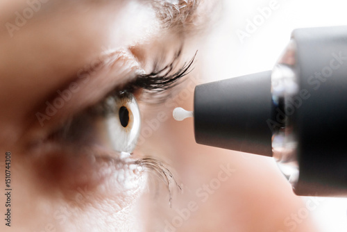 A device for measuring intraocular pressure. Close-up of the eye during diagnosis. The concept of ophthalmologic diagnosis and treatment.