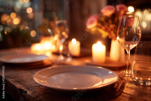 Beautifully arranged dining table setup featuring two empty plates, elegant glassware, and soft candlelight, creating warm and inviting atmosphere for romantic dinner