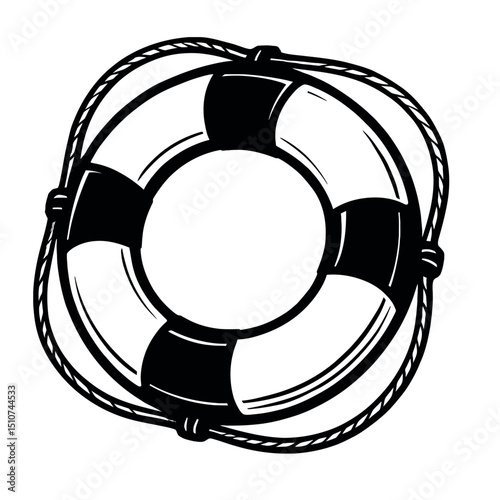 Classic Black and White Life Preserver Ring with Rope - Maritime Safety & Assistance Vector Icon