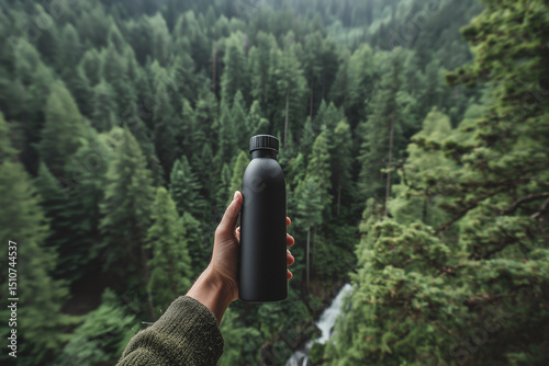 Hand holding reusable water bottle in lush green forest, surrounded by tall trees and flowing stream, evokes sense of adventure and environmental consciousness