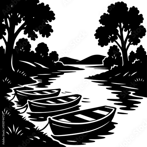 Monochrome vector illustration of a river scene with three boats docked along the bank and trees in the background, ideal for themes of nature, relaxation, or boating.