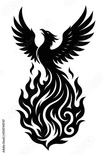 Monochrome vector illustration of a phoenix rising from flames, ideal for themes of rebirth, power, or mythology.
