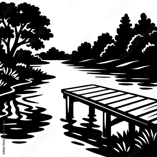 Monochrome vector illustration of a lake with a wooden dock and trees on the banks, ideal for themes of nature, relaxation, or outdoor activities.