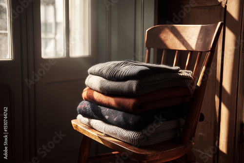 Cozy sweaters stacked neatly on wooden chair, bathed in warm sunlight, create serene and inviting atmosphere. textures and colors of sweaters add touch of comfort to space