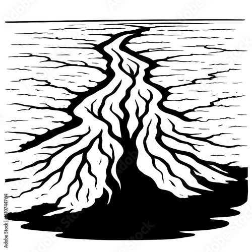 Monochrome vector illustration depicting a cracked, dry ground with water flowing through a central channel, ideal for themes of drought, water scarcity, or environmental issues.