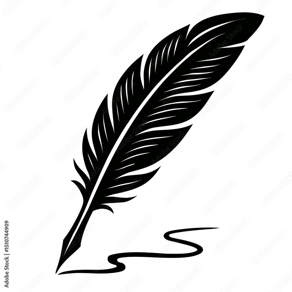 Obraz premium Monochrome vector illustration of a quill pen with an ink swirl, ideal for themes of writing, history, or signatures.