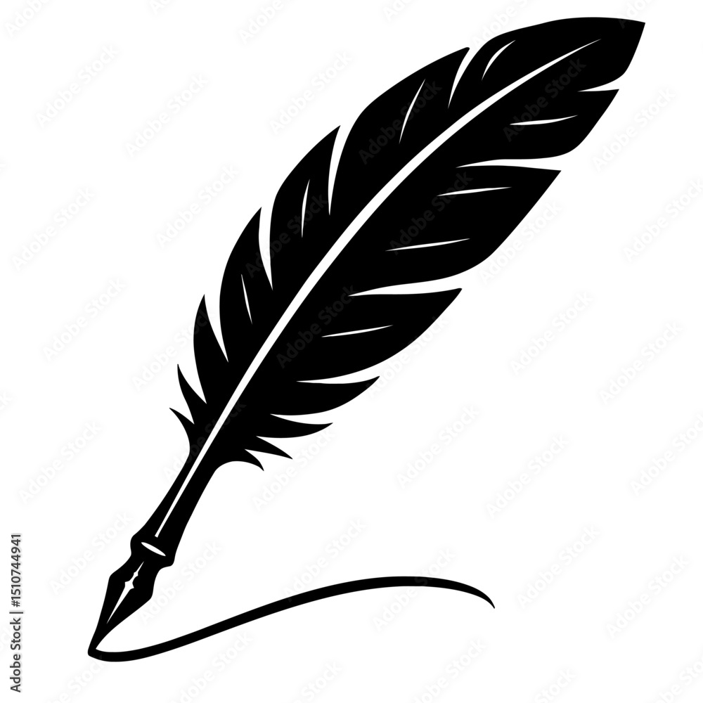Fototapeta premium Monochrome vector illustration of a quill pen with an ink swirl, ideal for themes of writing, history, or signatures.