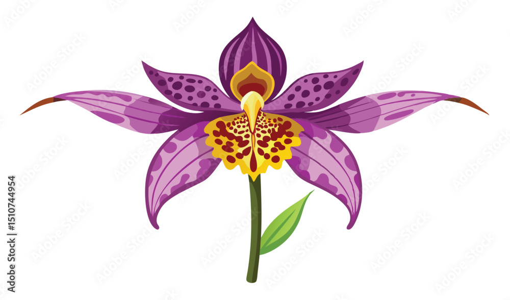 Naklejka premium Vibrant purple orchid flower with yellow center detailed illustration