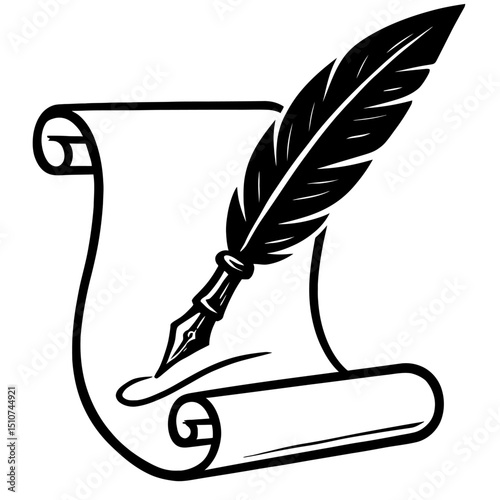 Monochrome vector illustration of a quill pen writing on an unrolled scroll, ideal for themes of writing, history, or official documents.